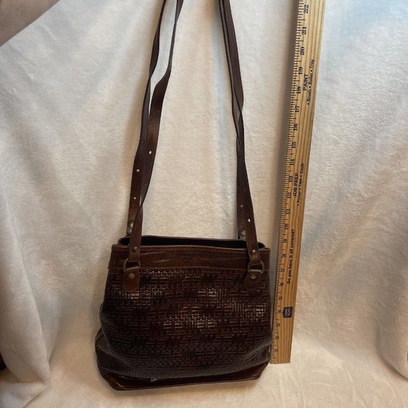 Brahmin Vintage Woven Leather Cognac Brown Shoulder Bucket Bag - VGUC - Picture 8 of 12